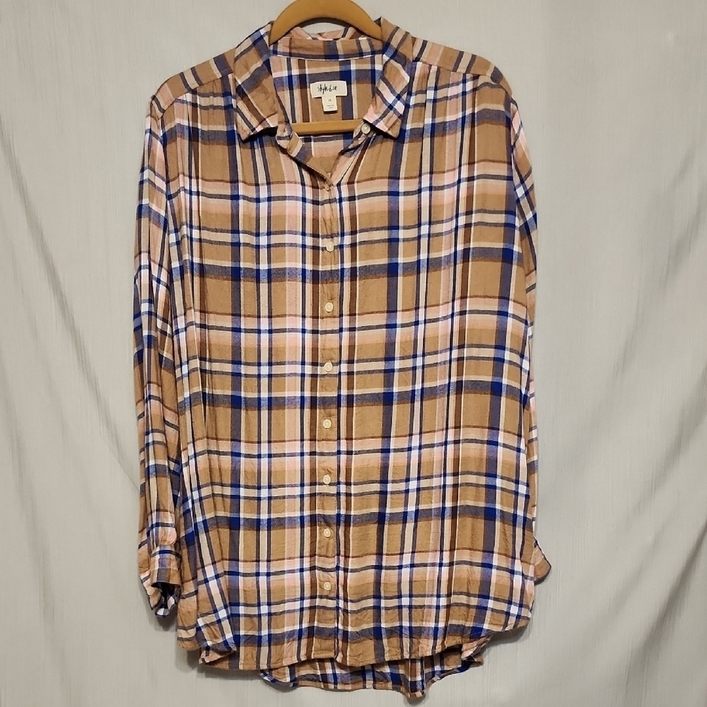 Style & Co. Plaid Button Down Shirt Long Sleeve Brown Blue Pink Top 1X Plus